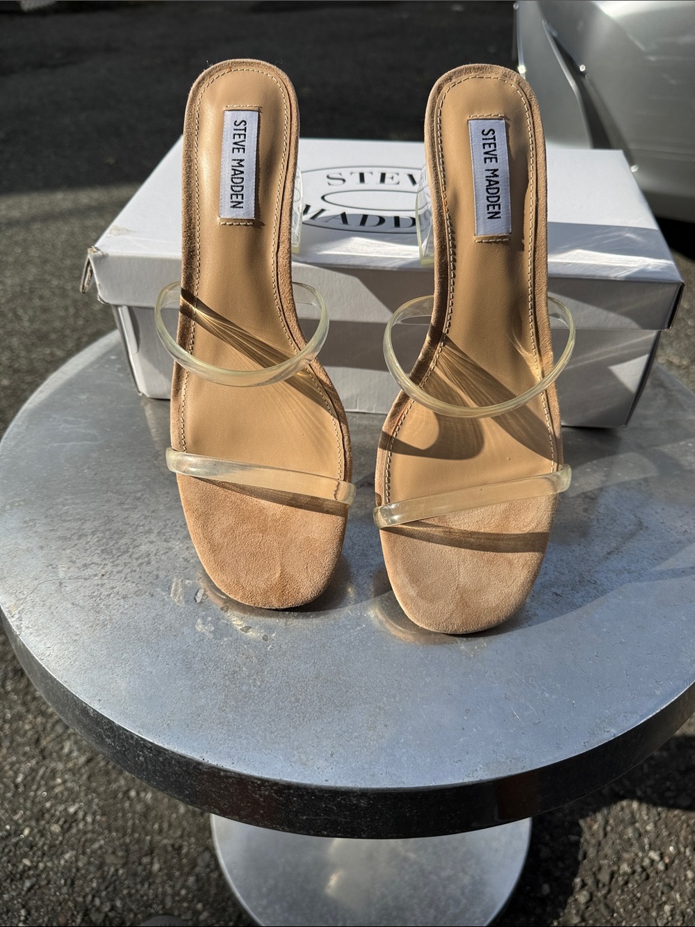 Steve Madden Nude Clear-Strap Slide Heels New with the box
